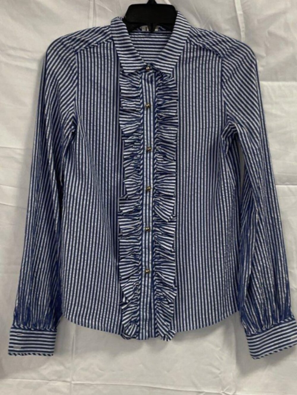 ✨ Kate Spade Blue White Striped Ruffled Front Button Down Shirt Blouse Sz 6 ✨